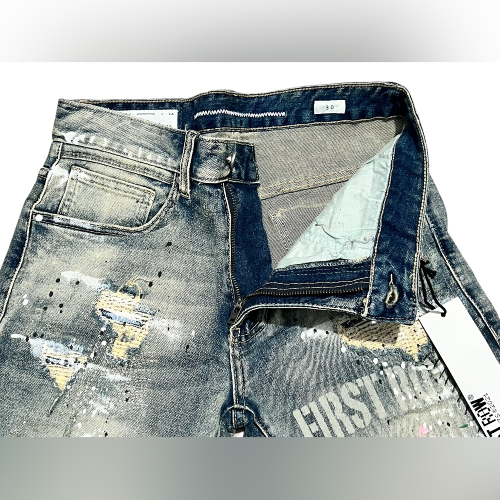 First Row Distressed Ripped Denim Jean Shorts Men’s Paint Splatter Jorts size 30 - Picture 8 of 12